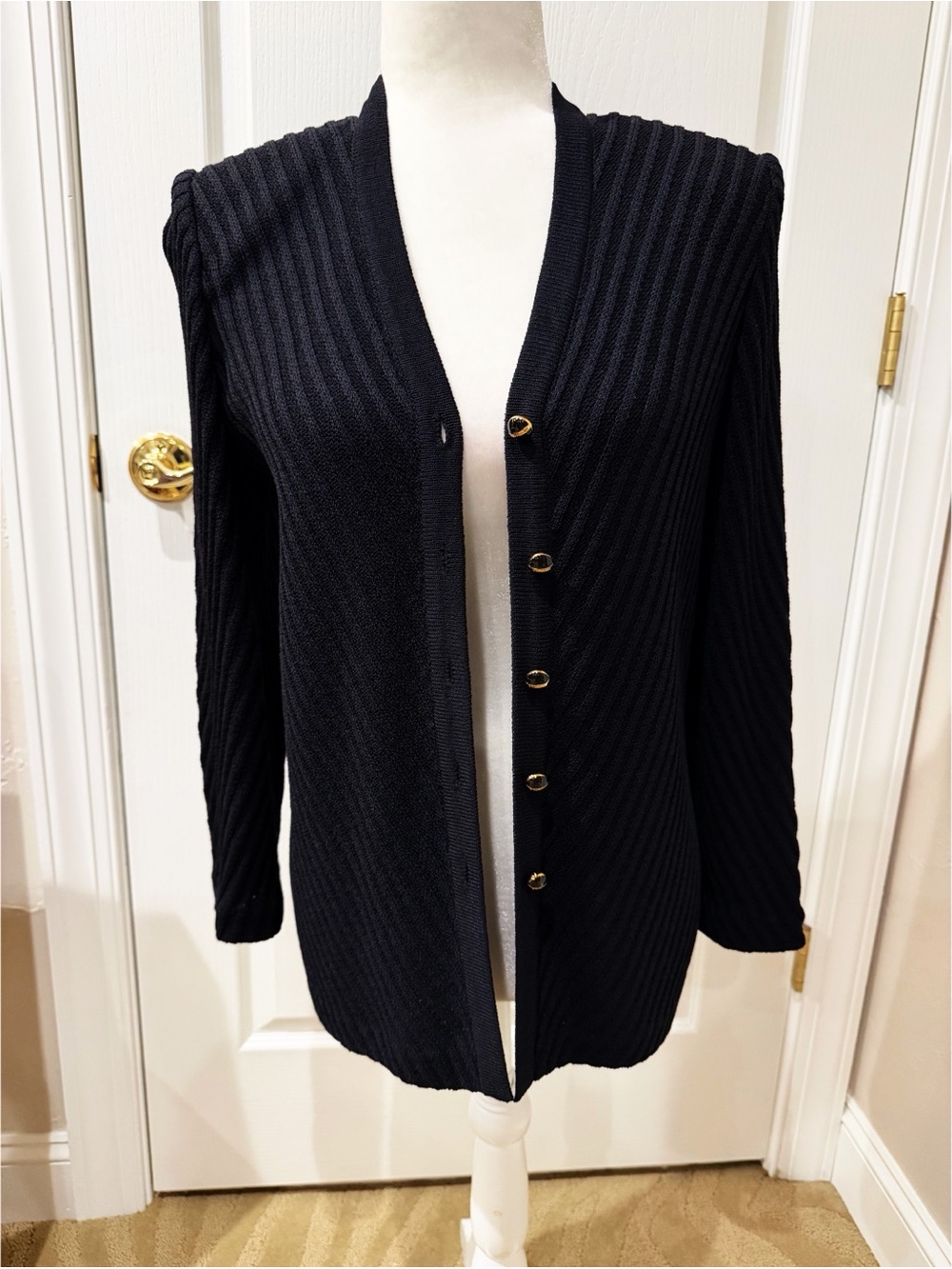NWOT Vintage St John Black Ribbed Cardigan with Gold & Black Buttons